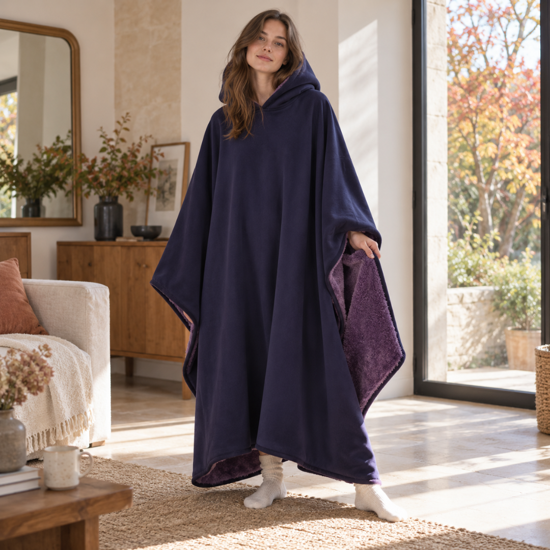 Poncho violet foncé à capuche, doublure lilas texturée dévoilée sur le côté