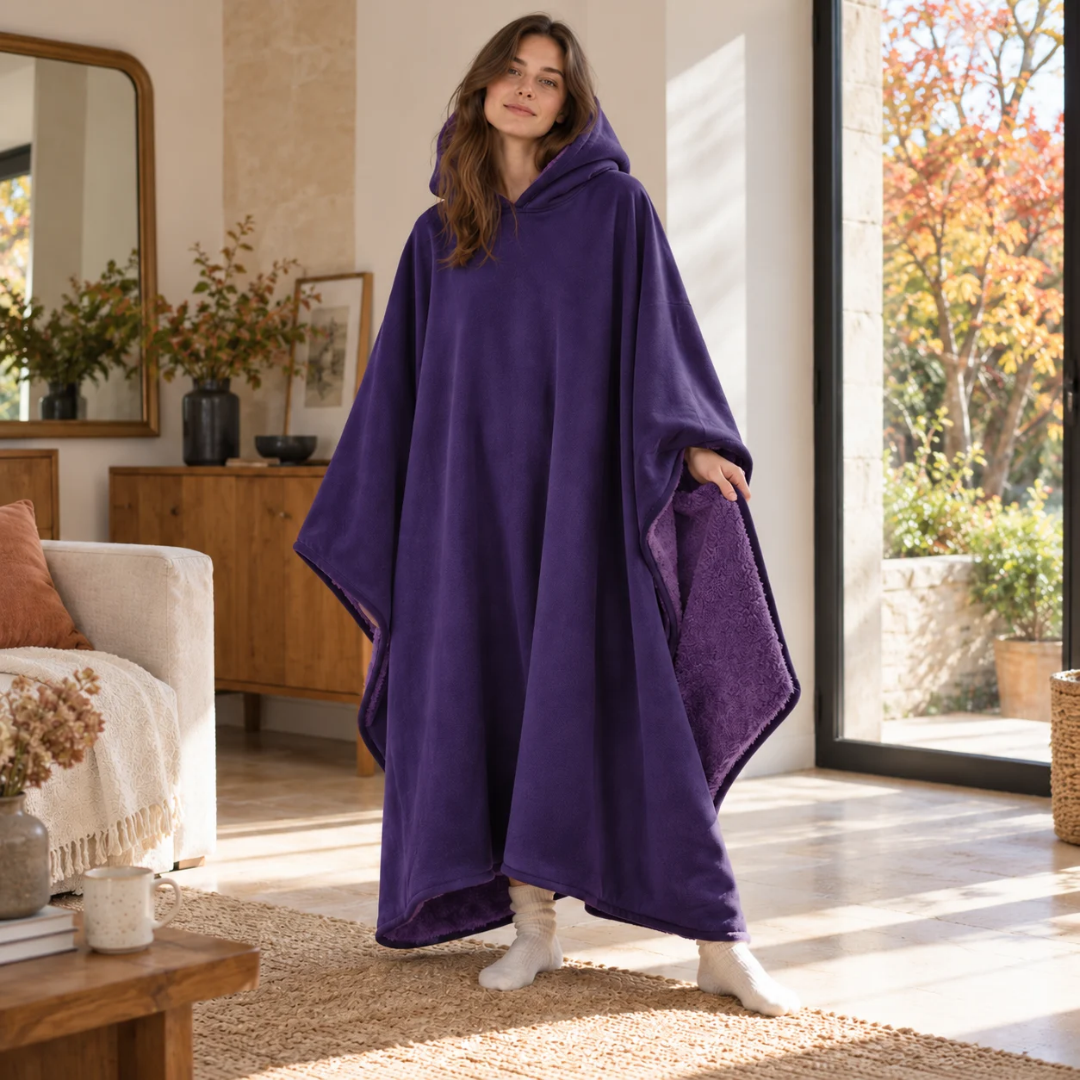 Poncho violet foncé à capuche, pan relevé dévoilant la doublure bouclée assortie