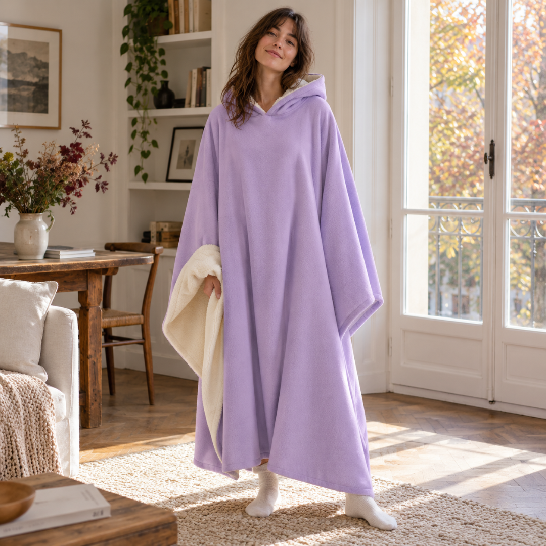 Poncho violet à capuche avec doublure crème texturée sur le pan ouvert