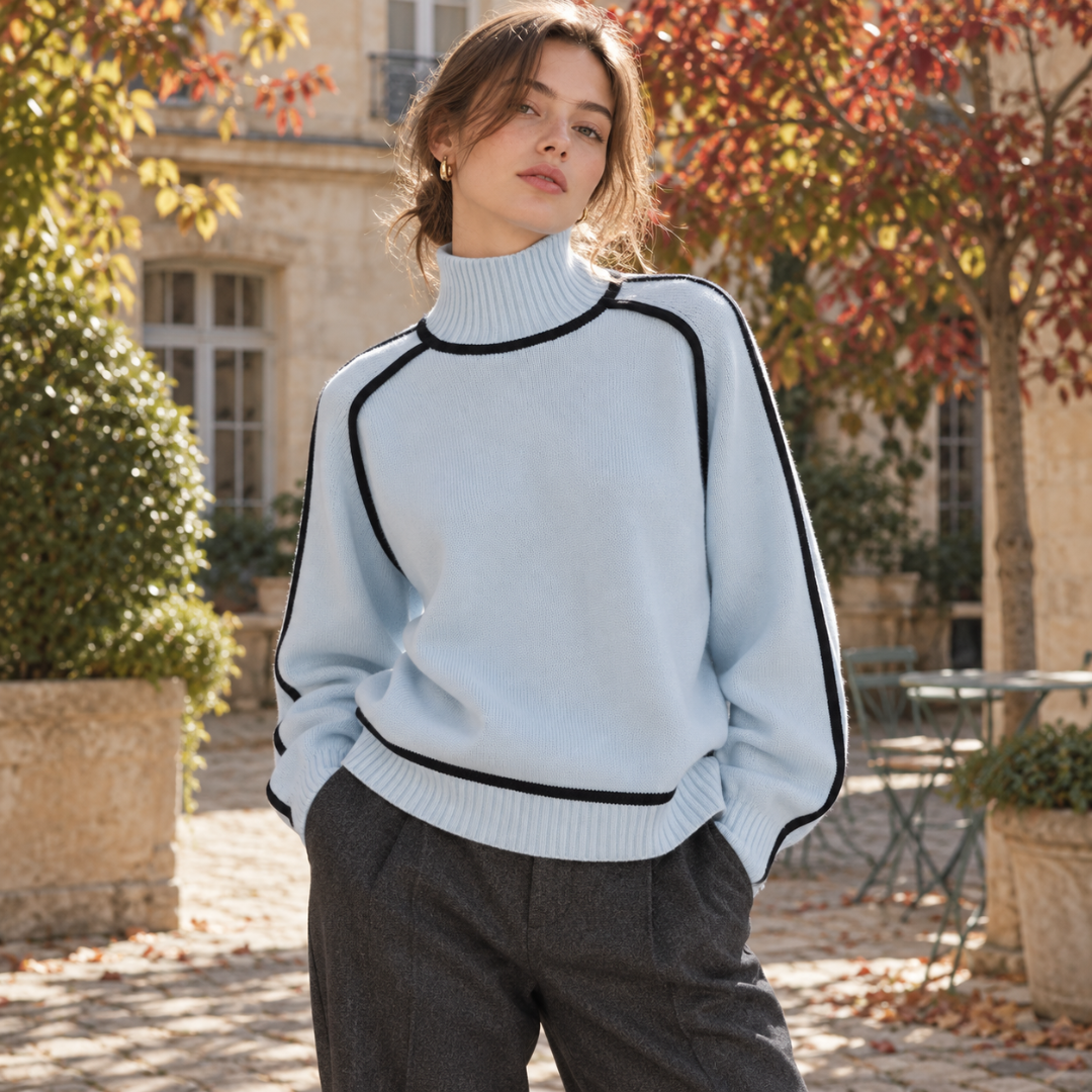 Pull femme bleu clair à col roulé côtelé et fins liserés noirs contrastants