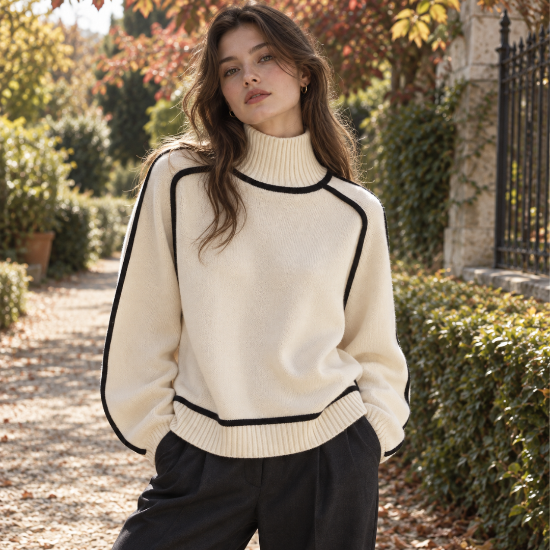 Pull femme crème à col roulé souligné de liserés noirs, allure ample et décontractée