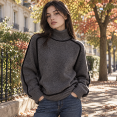 Pull femme gris foncé à col roulé, liserés noirs et bords-côtes, allure décontractée
