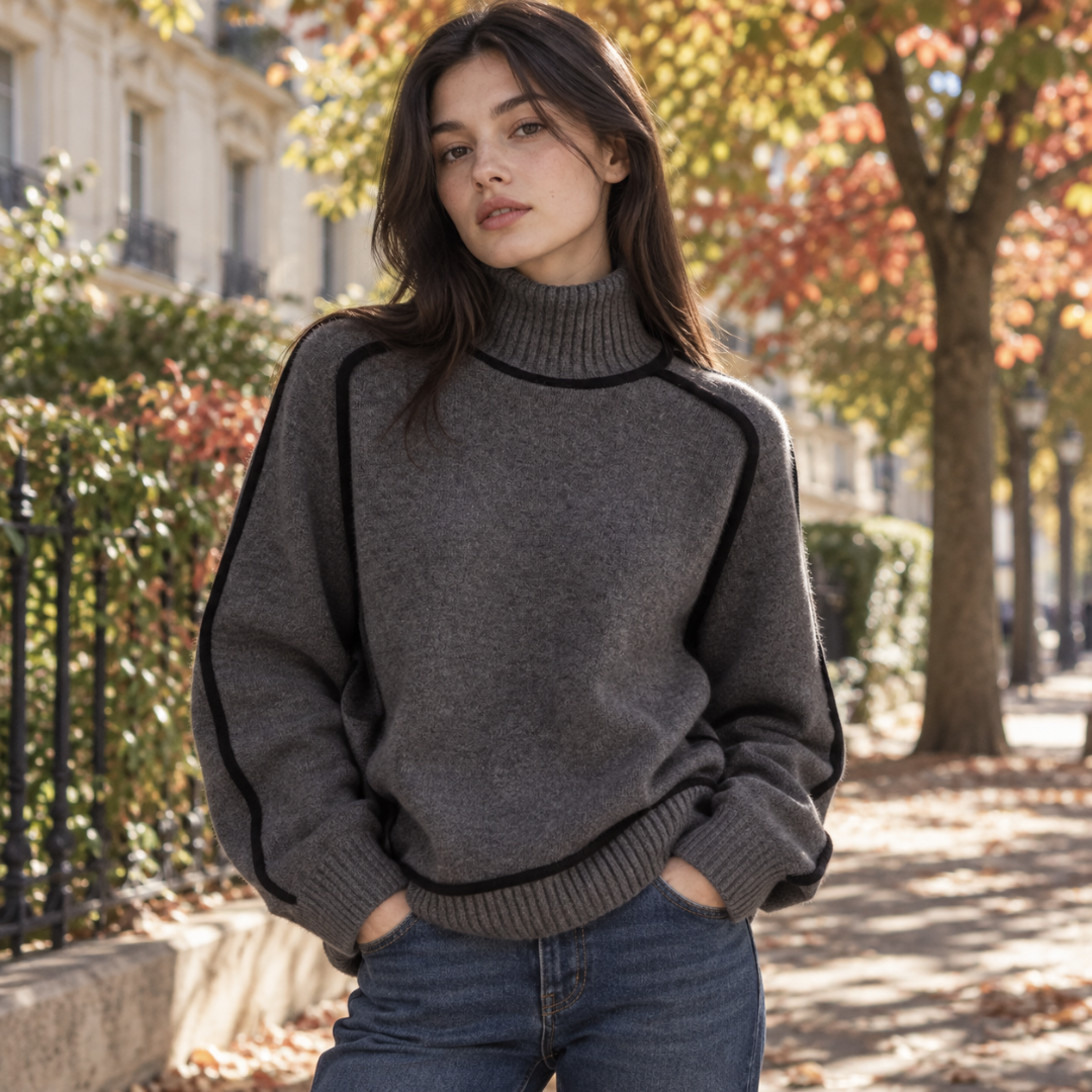 Pull femme gris foncé à col roulé, liserés noirs et bords-côtes, allure décontractée