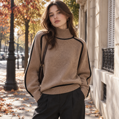 Pull femme marron chiné à col roulé et liserés noirs, porté avec un pantalon noir