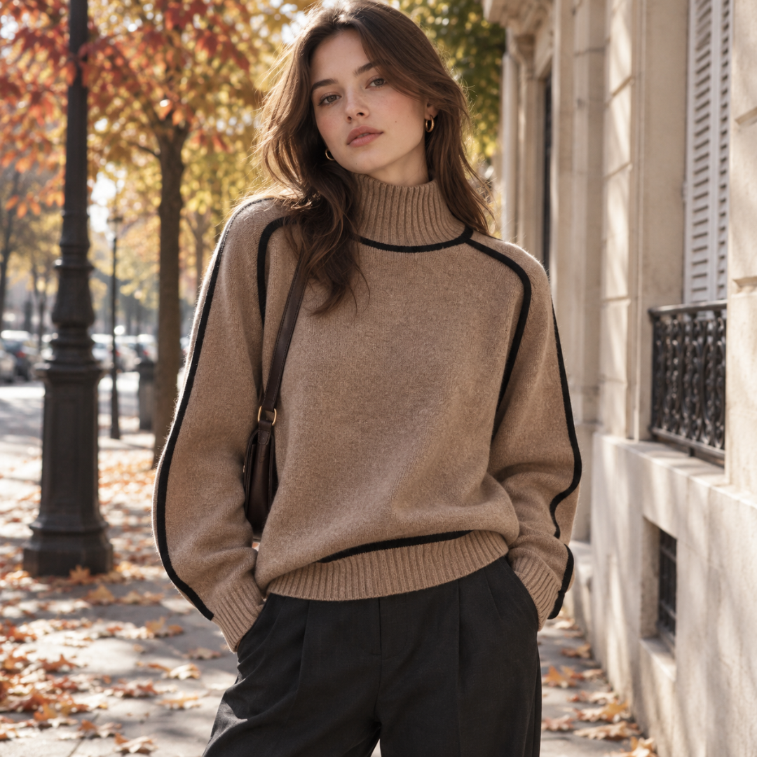 Pull femme marron chiné à col roulé et liserés noirs, porté avec un pantalon noir