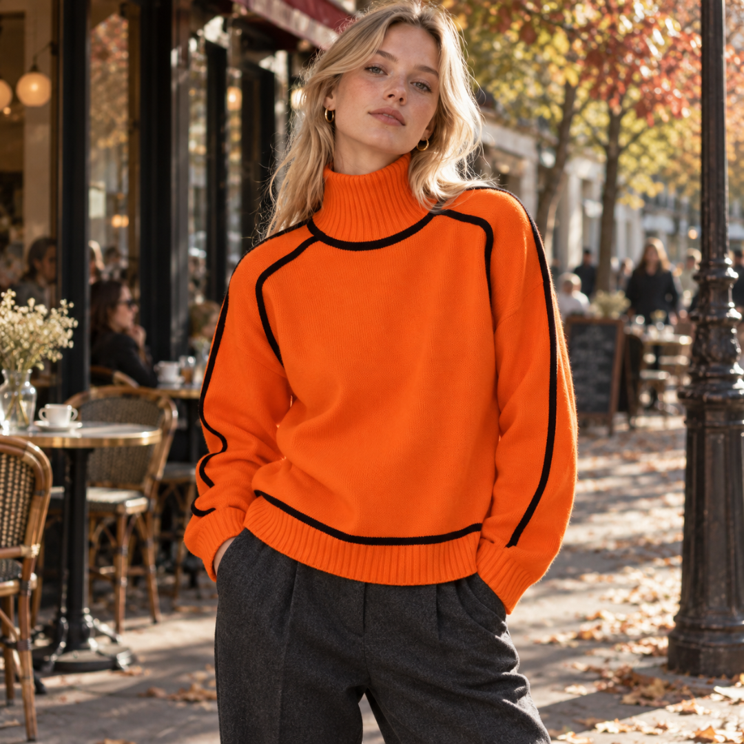 Pull femme orange à col roulé, liserés noirs sur les épaules et les manches