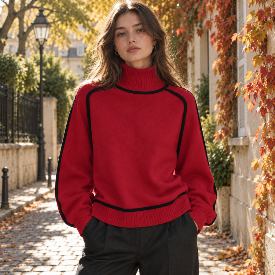 Pull femme rouge à col roulé et liserés noirs, porté avec un pantalon foncé
