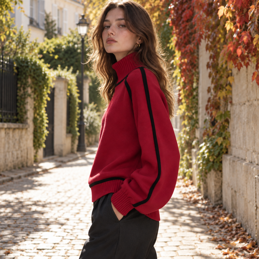 Vue de profil du pull rouge à col roulé, liseré noir le long de la manche