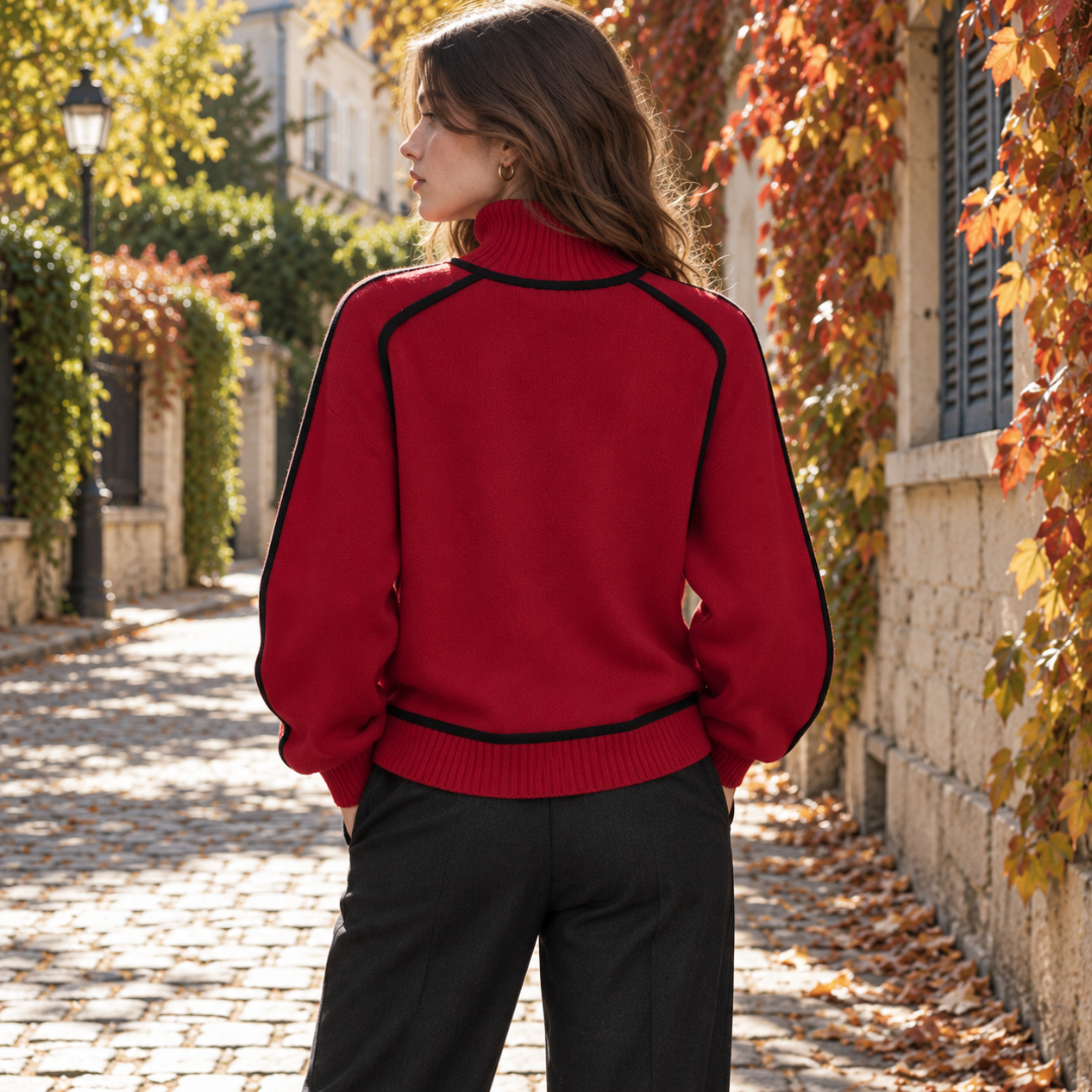 Dos du pull femme rouge à col roulé, manches longues et bords-côtes aux poignets