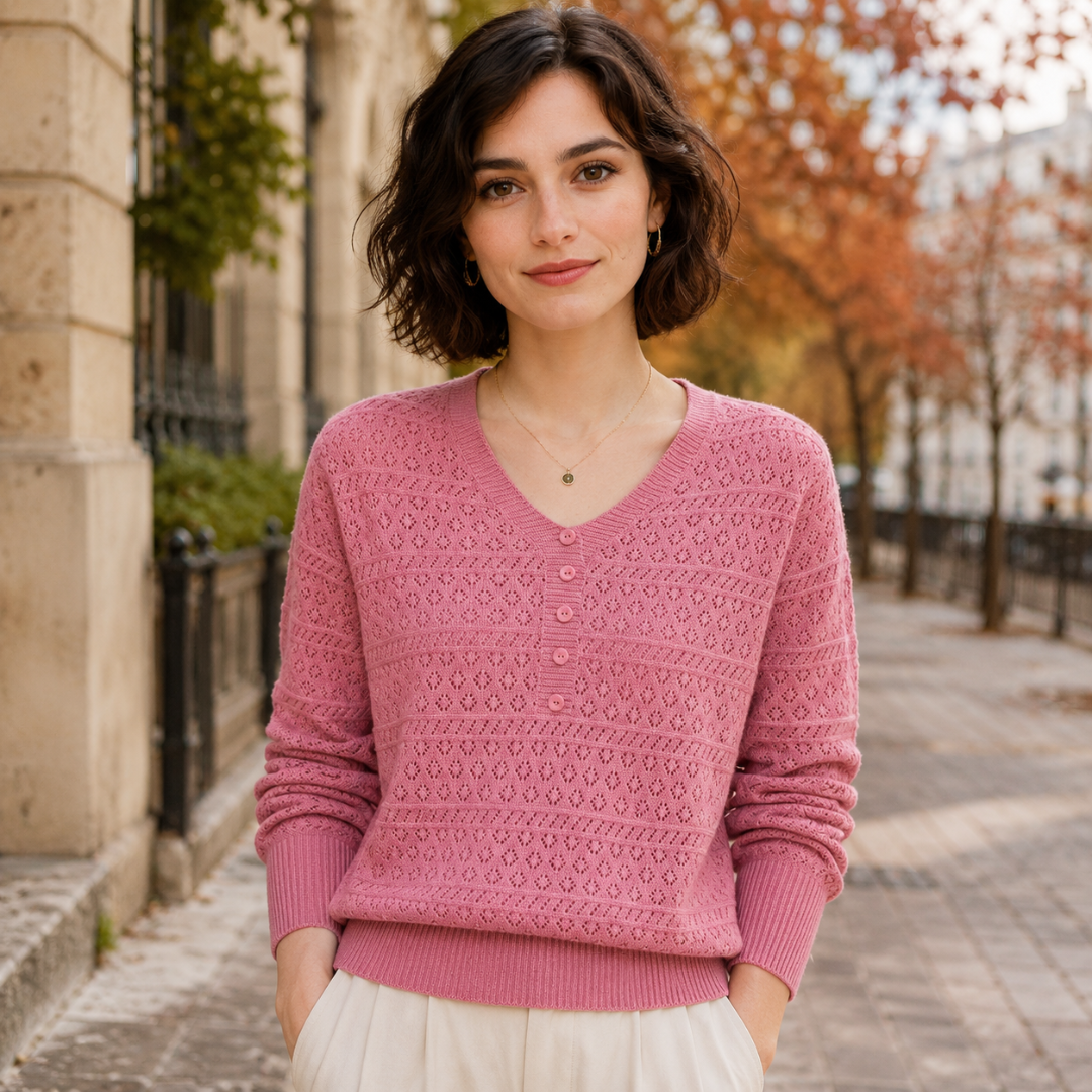 Pull femme rose rouge en maille ajourée avec col V et boutons ton sur ton