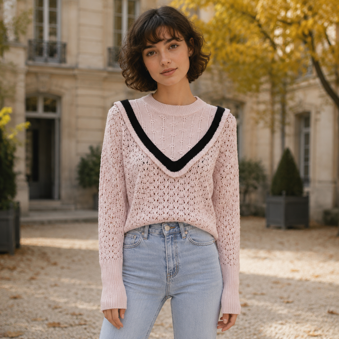 Pull femme rose en maille ajourée, col rond côtelé et bande noire contrastante