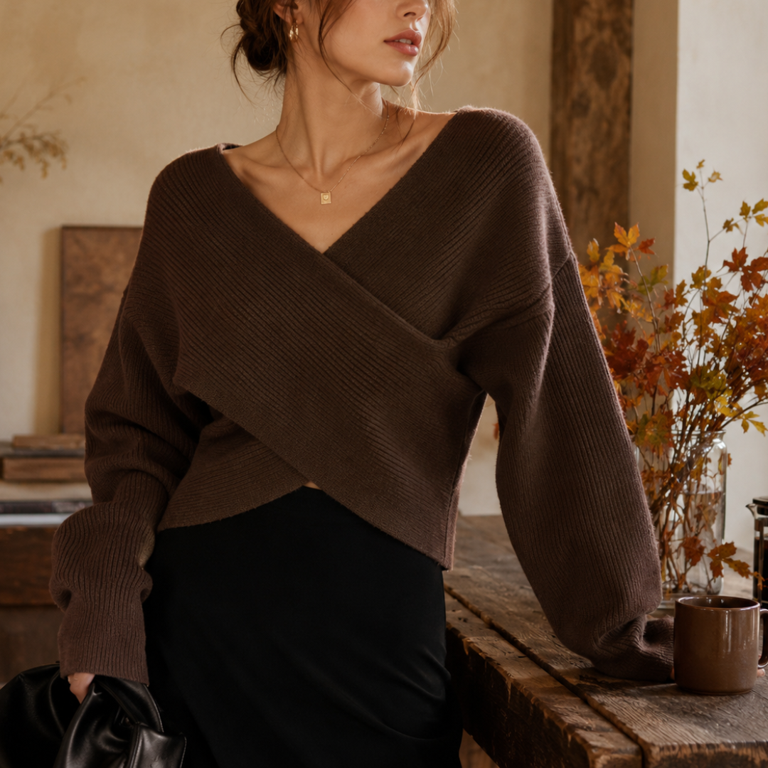 Pull marron foncé cache-cœur, col V dégagé et maille côtelée marquée