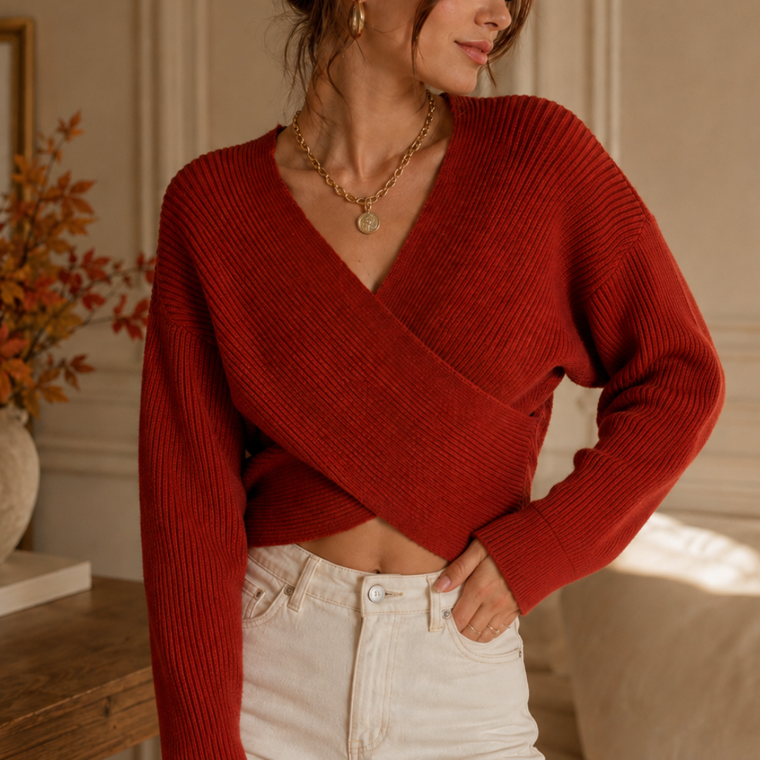 Pull rouge à devant croisé cache-cœur, col V et poignets côtelés