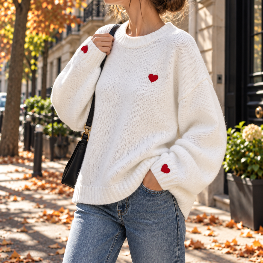 Pull blanc femme, détail du bord côtelé et du cœur brodé sur le poignet