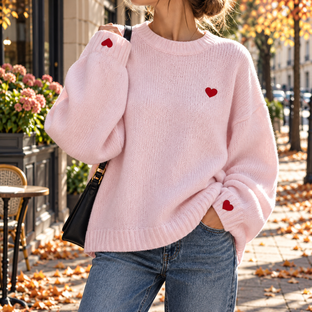 Pull femme rose pâle en maille avec cœurs brodés rouges poitrine et poignet