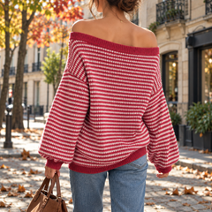 Dos du pull femme rouge rayé avec large encolure Bardot et bas côtelé