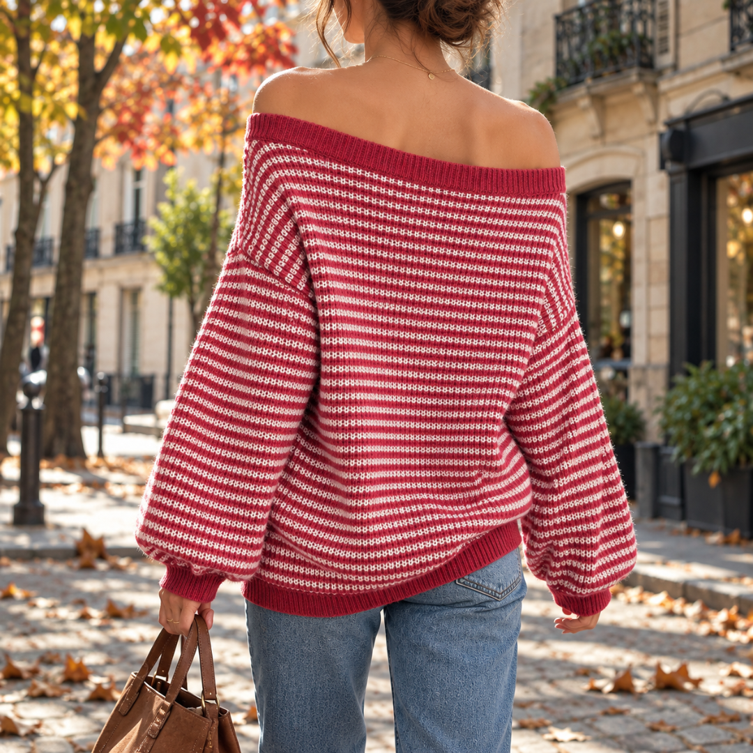 Dos du pull femme rouge rayé avec large encolure Bardot et bas côtelé