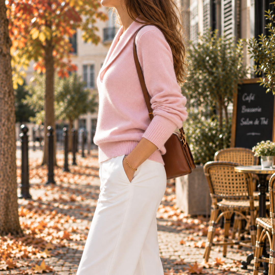 Pull femme rose de profil avec bas côtelé et sac porté à l'épaule