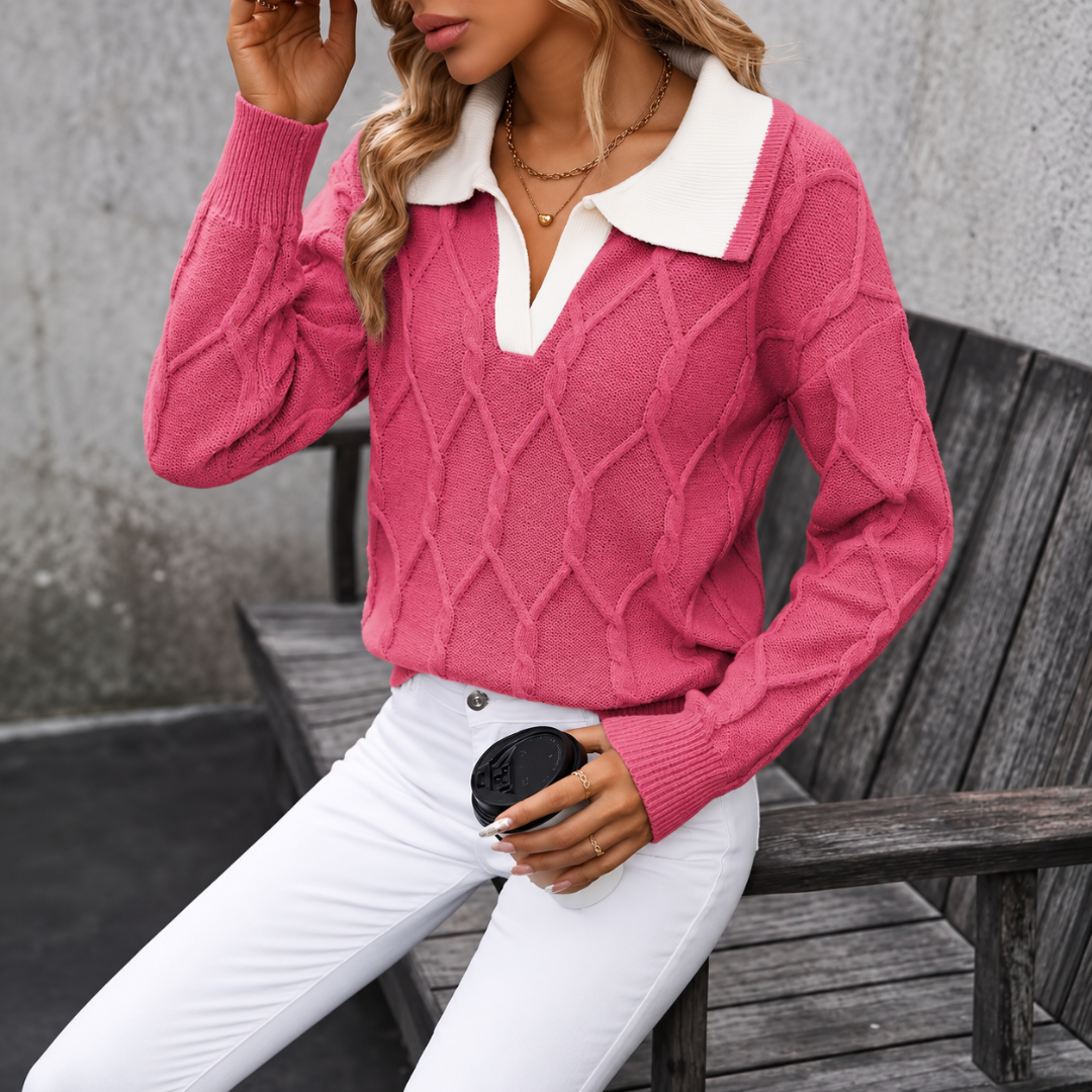 Pull femme rose vif à losanges torsadés, col chemise blanc et manches longues