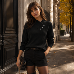 Pull femme noir à col croisé, boutons en diagonale et manches longues côtelées