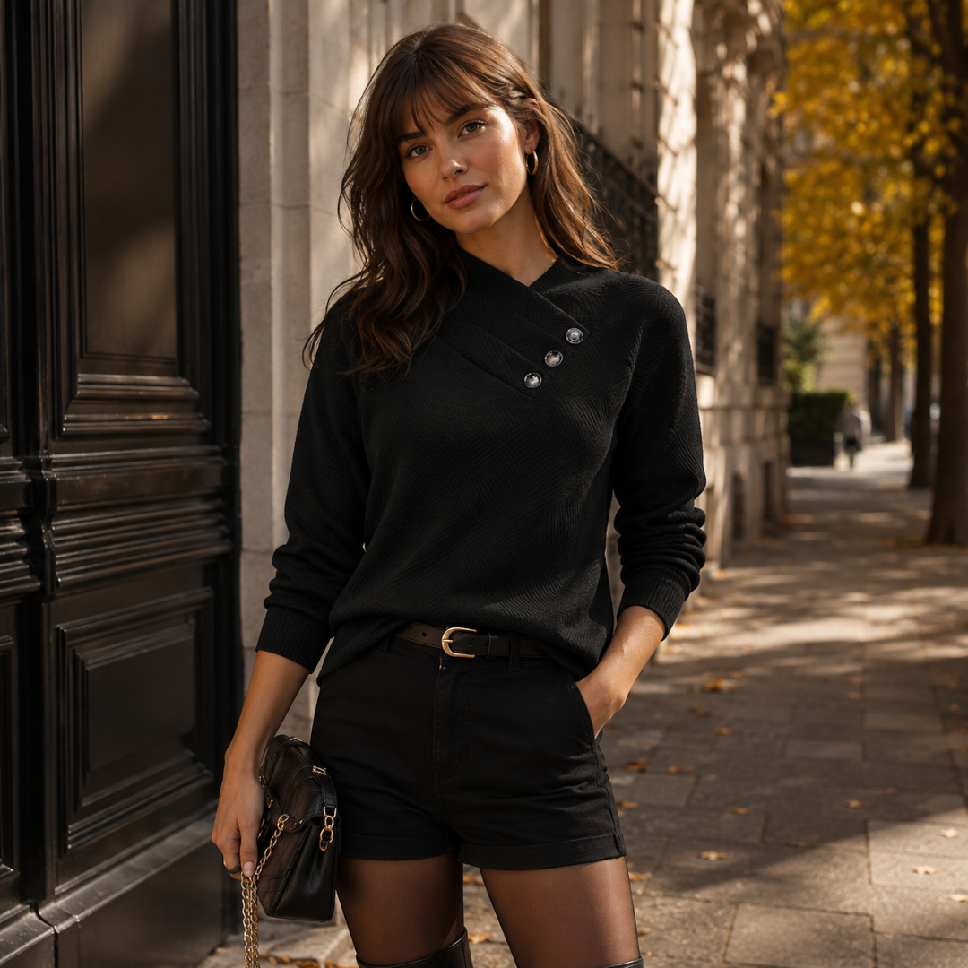 Pull femme noir à col croisé, boutons en diagonale et manches longues côtelées