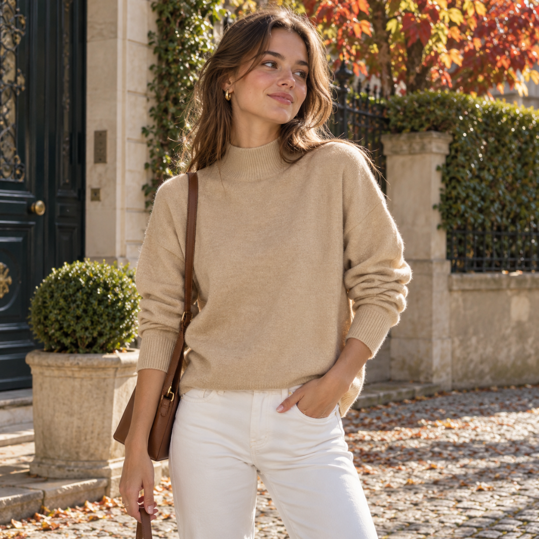 Pull femme beige à col montant et poignets côtelés, allure décontractée