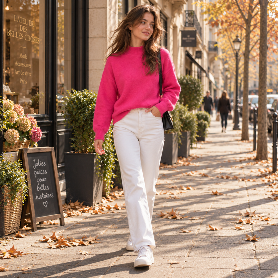 Femme en pull rose vif à épaules tombantes marchant sur un trottoir parisien