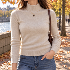 Pull beige en maille fine à col montant, poignets côtelés et sac porté épaule