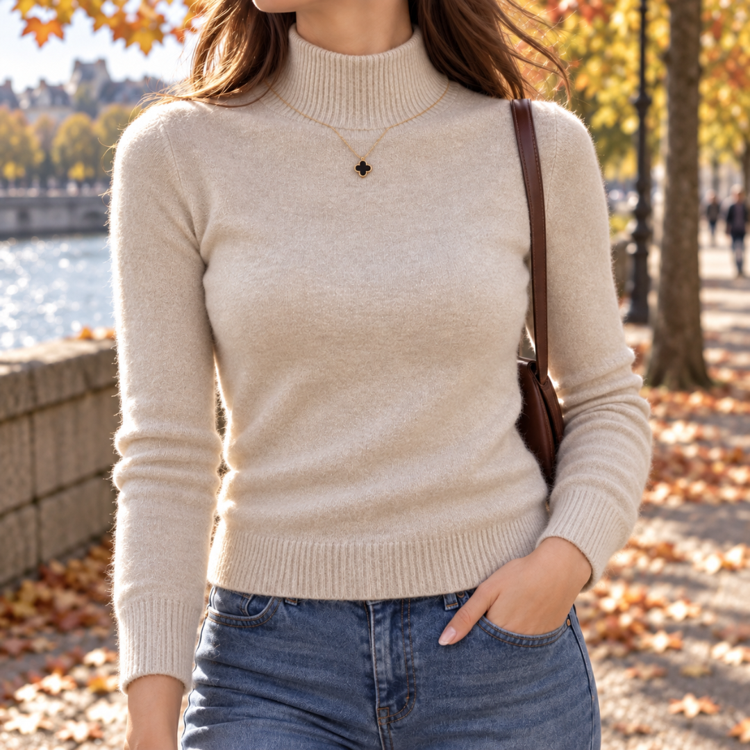 Pull beige en maille fine à col montant, poignets côtelés et sac porté épaule