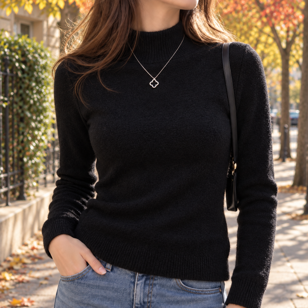 Pull femme noir à col montant et poignets côtelés porté avec un pantalon bleu