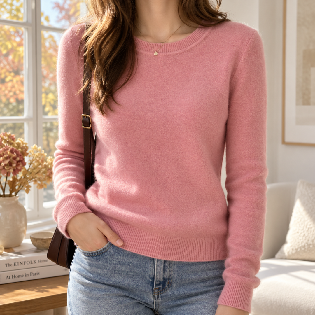 Pull femme rose en maille fine avec col rond côtelé et manches longues