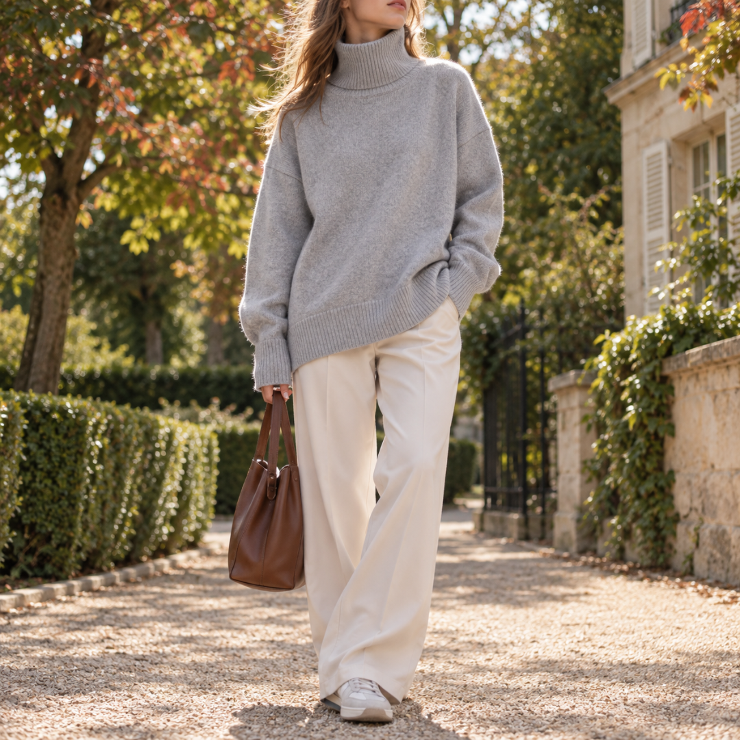Pull femme gris à col roulé et manches longues, pantalon crème