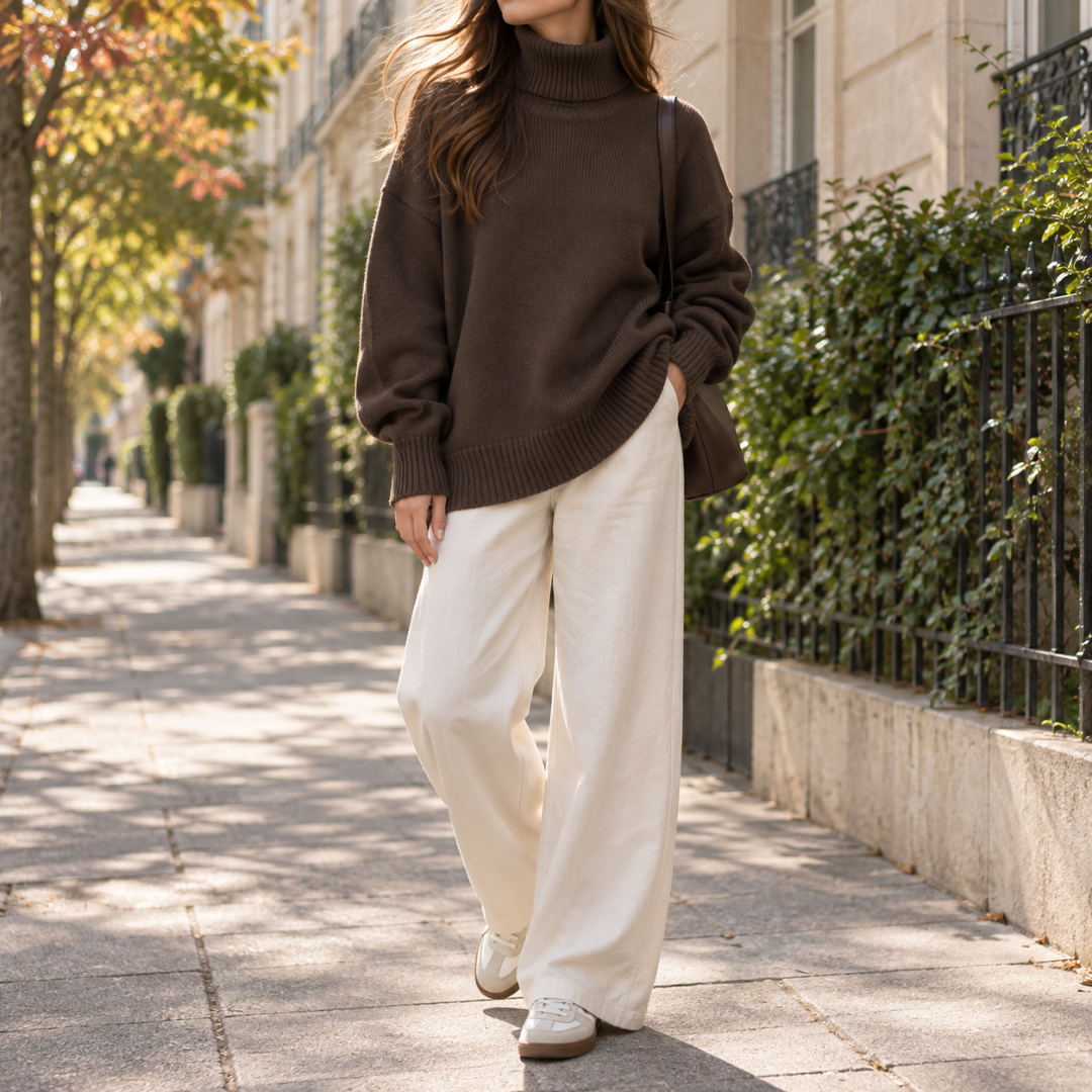 Pull marron à col roulé avec épaules tombantes et bas côtelé