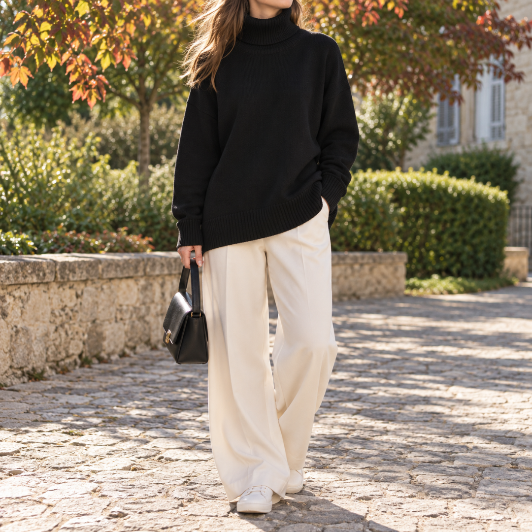 Pull femme noir à col roulé porté avec un pantalon large écru