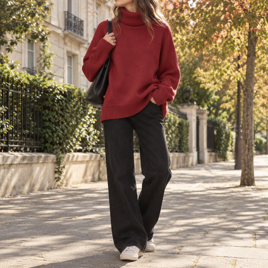 Pull femme rouge à col roulé porté avec un pantalon large noir