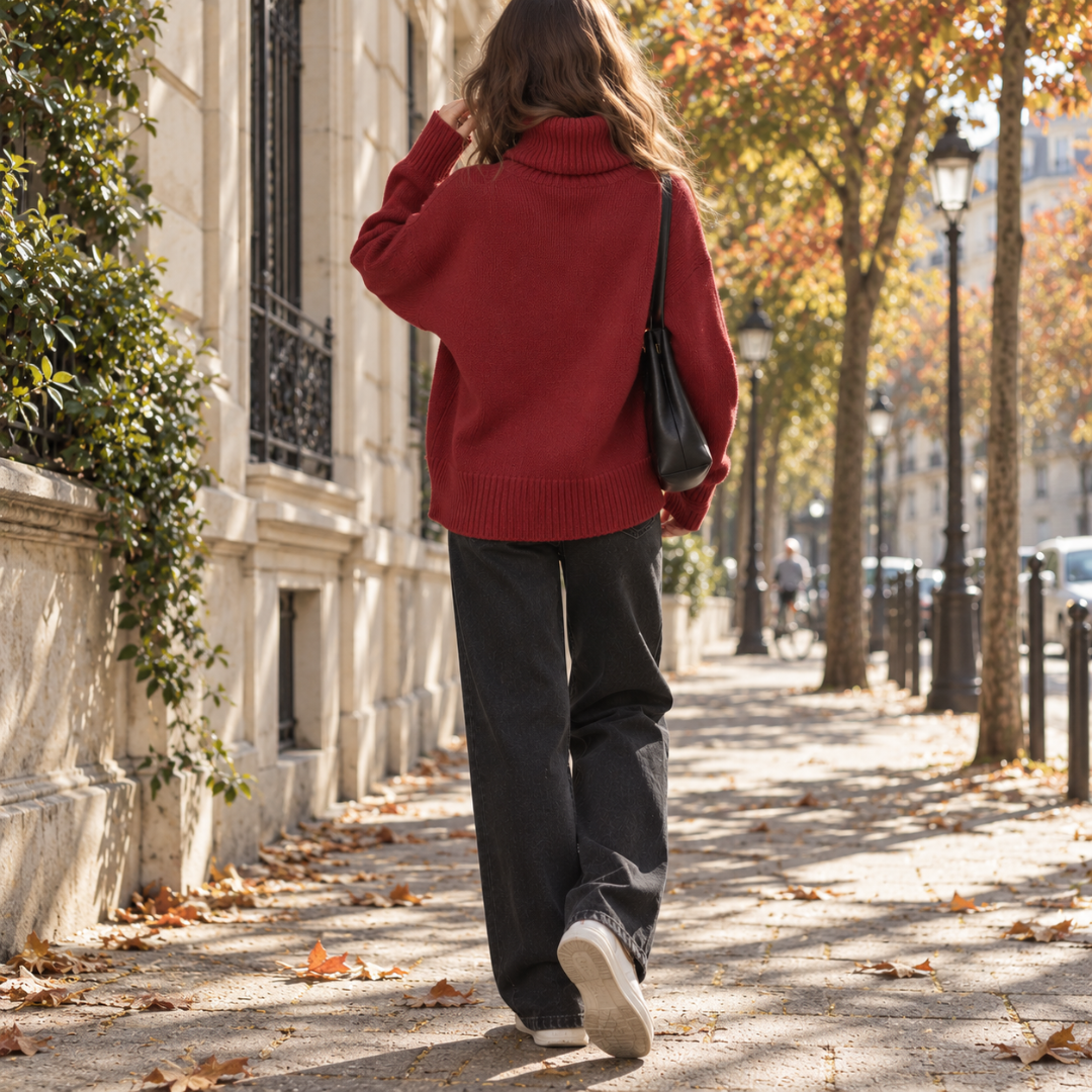 Dos du pull femme rouge montrant les épaules tombantes et le bas côtelé