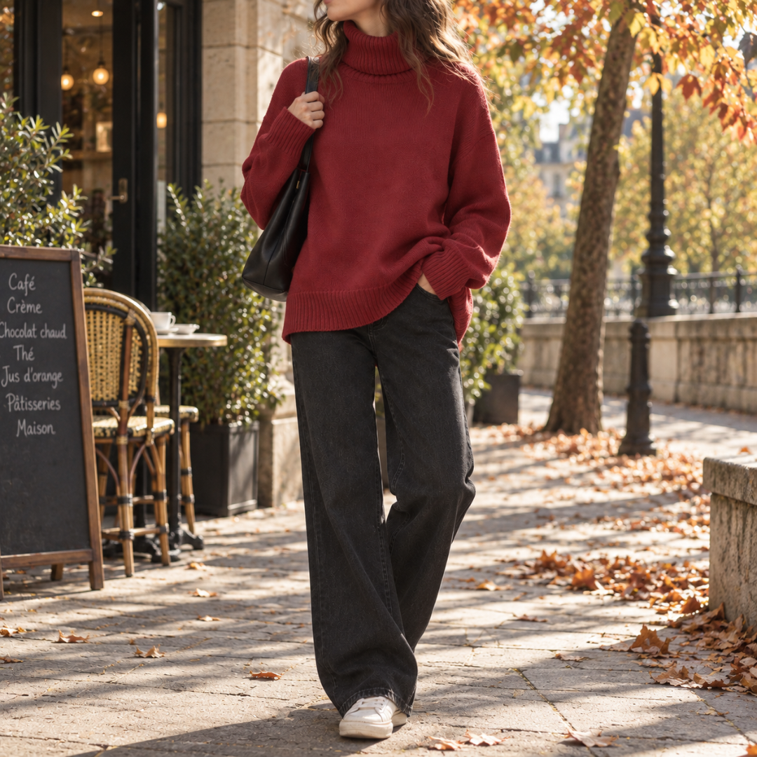Pull rouge à col roulé avec fentes latérales et poignets côtelés