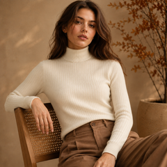 Pull beige clair col roulé porté par une femme assise, manches longues et poignets côtelés