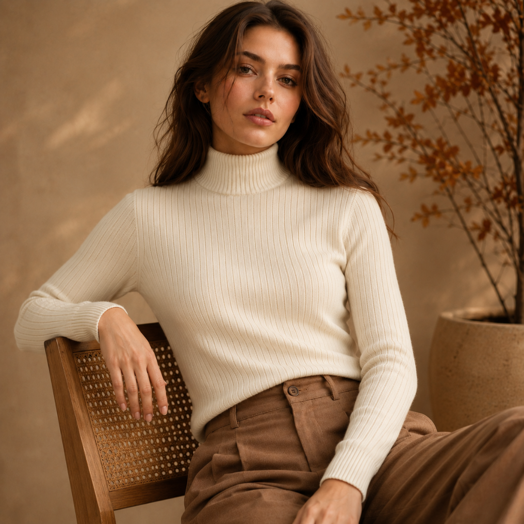 Pull beige clair col roulé porté par une femme assise, manches longues et poignets côtelés