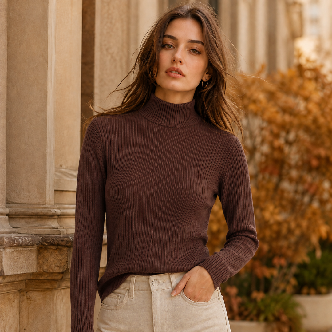 Pull marron foncé col roulé côtelé porté avec un pantalon clair taille haute