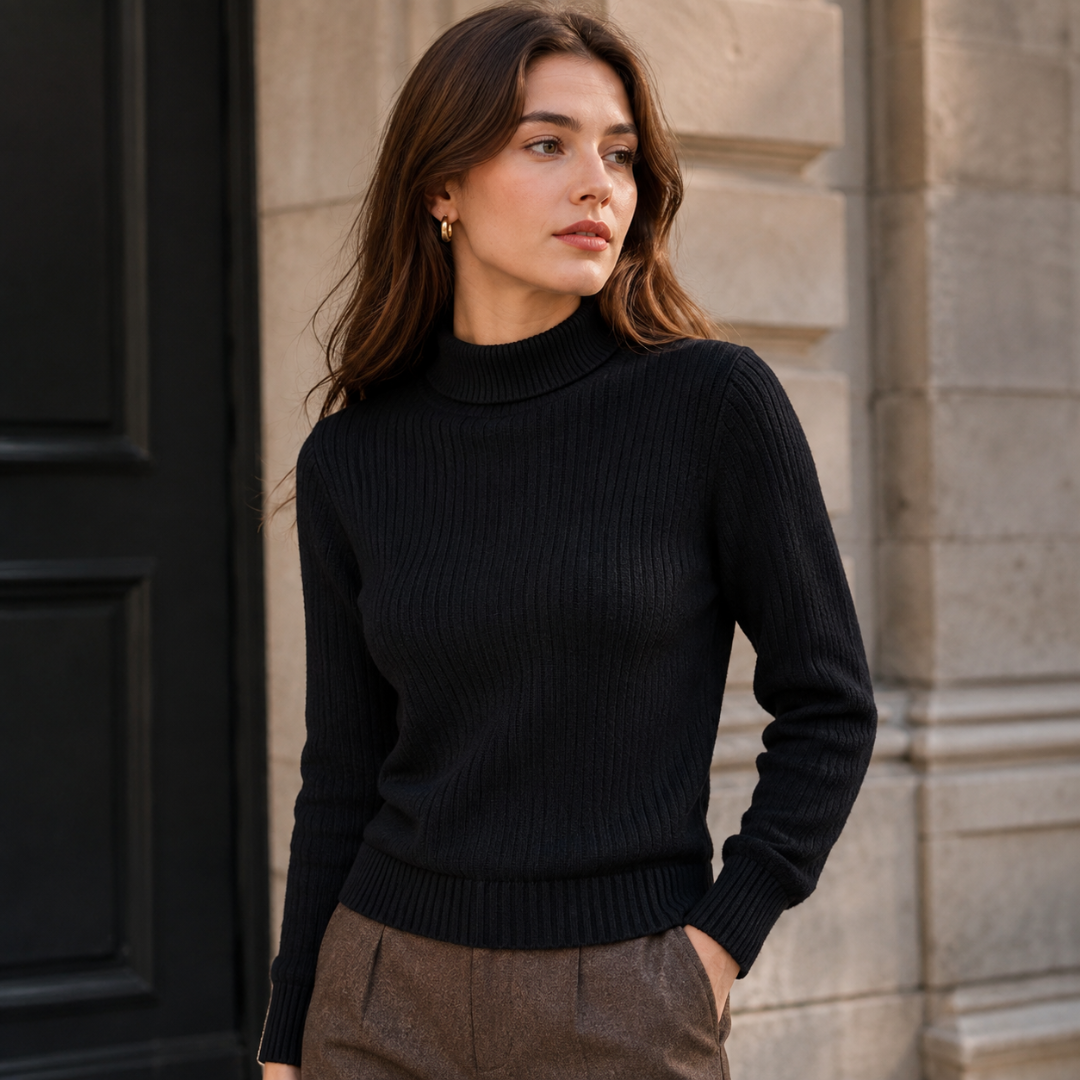 Pull noir col roulé ajusté, bas côtelé marqué, porté en extérieur