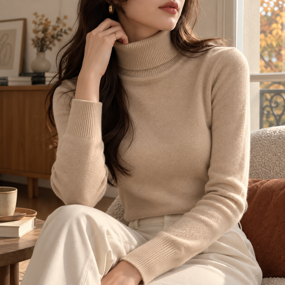 Pull beige à col roulé côtelé porté avec un pantalon écru