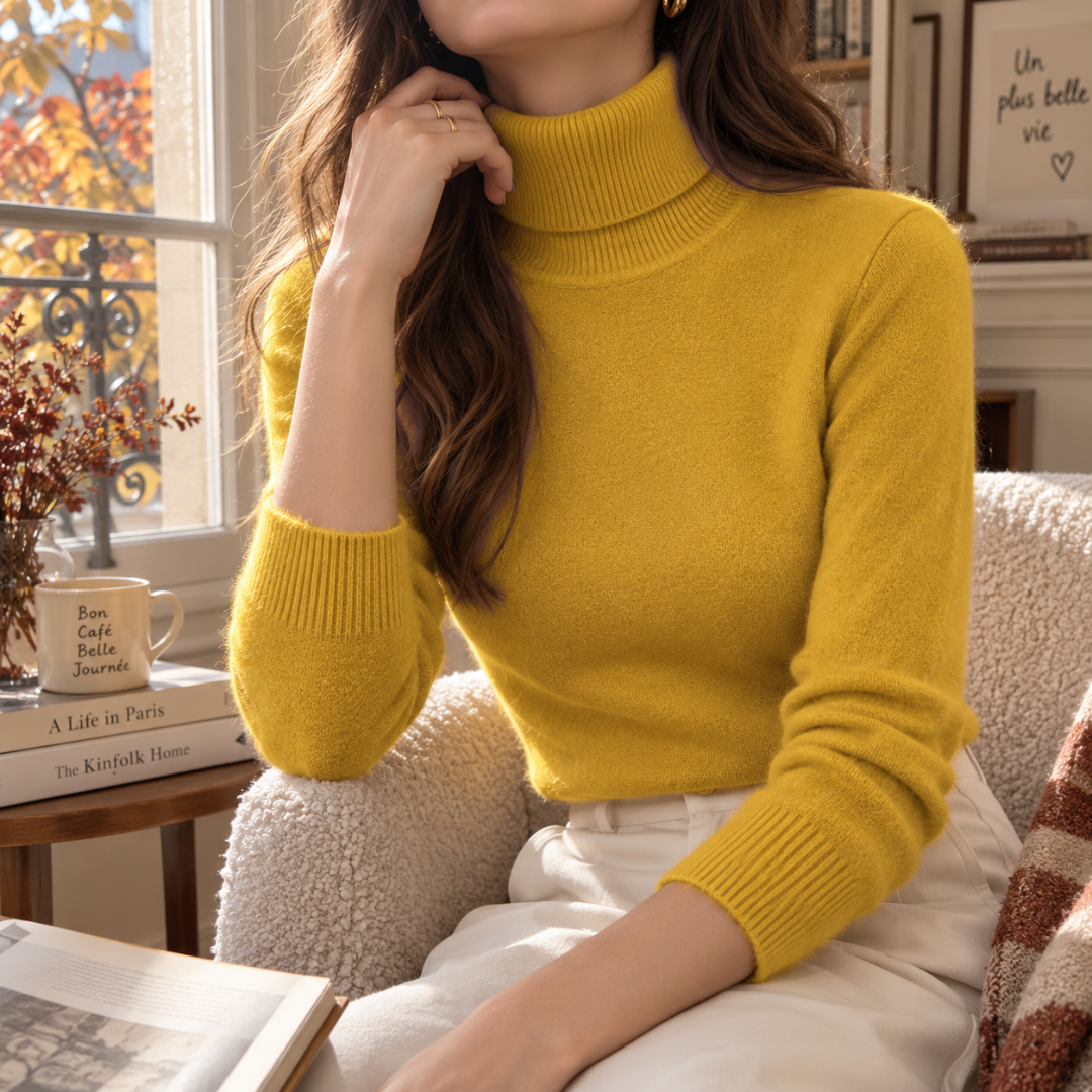 Pull femme jaune à col roulé et manches longues en maille fine