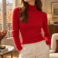 Pull femme rouge à col roulé porté avec un pantalon large clair