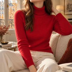 Pull rouge col roulé replié, manches longues en maille fine unie