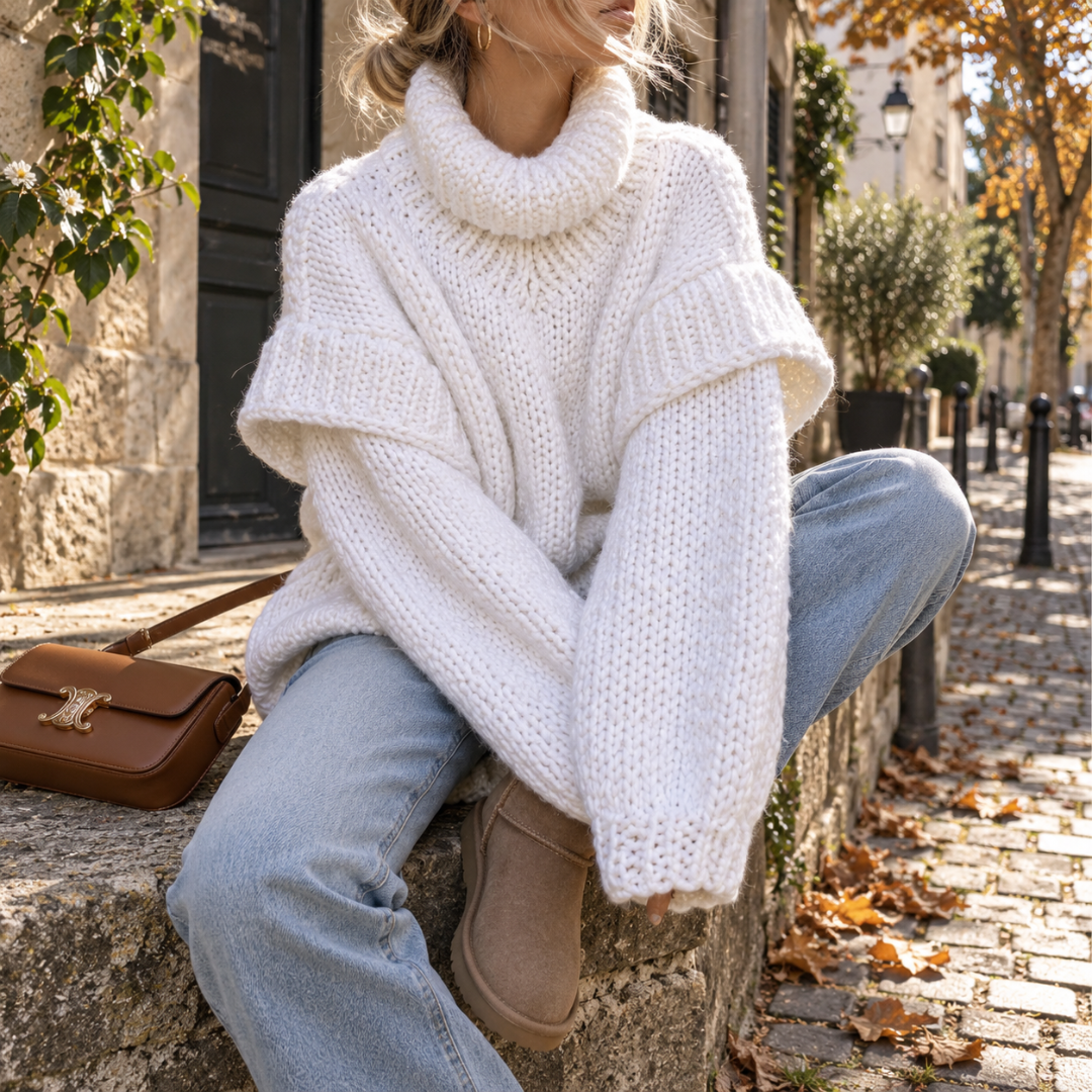 Pull femme blanc en grosse maille à col roulé, porté avec un pantalon clair