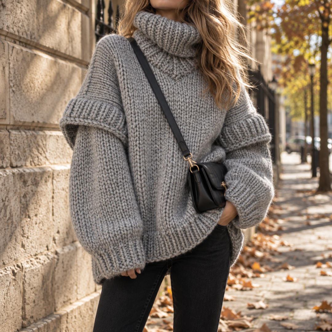 Pull femme gris col roulé, manches ballon et poignets côtelés, look urbain