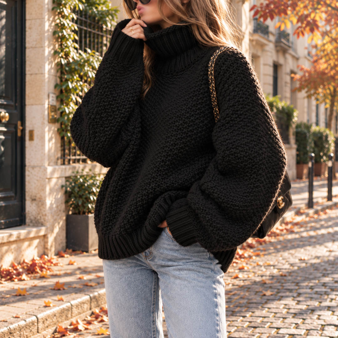 Pull femme noir à col roulé en grosse maille, col largement replié
