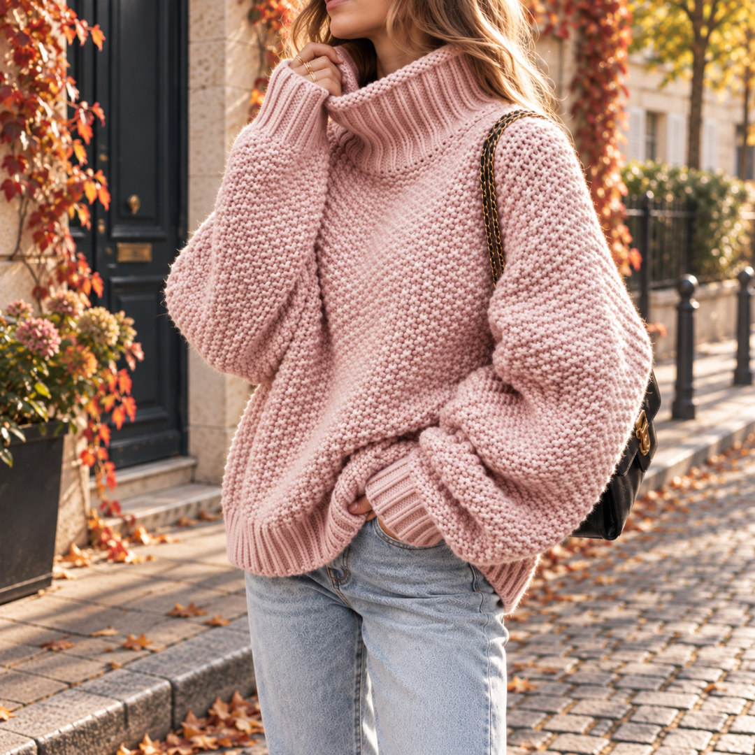 Pull femme rose poudré à col roulé, manches longues et bas côtelé