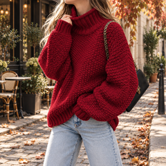 Pull rouge en grosse maille, col roulé replié et manches longues volumineuses